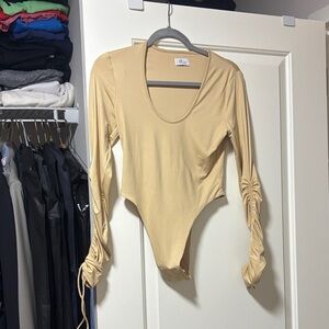 Oh Polly Beige Ruched Sleeve Bodysuit